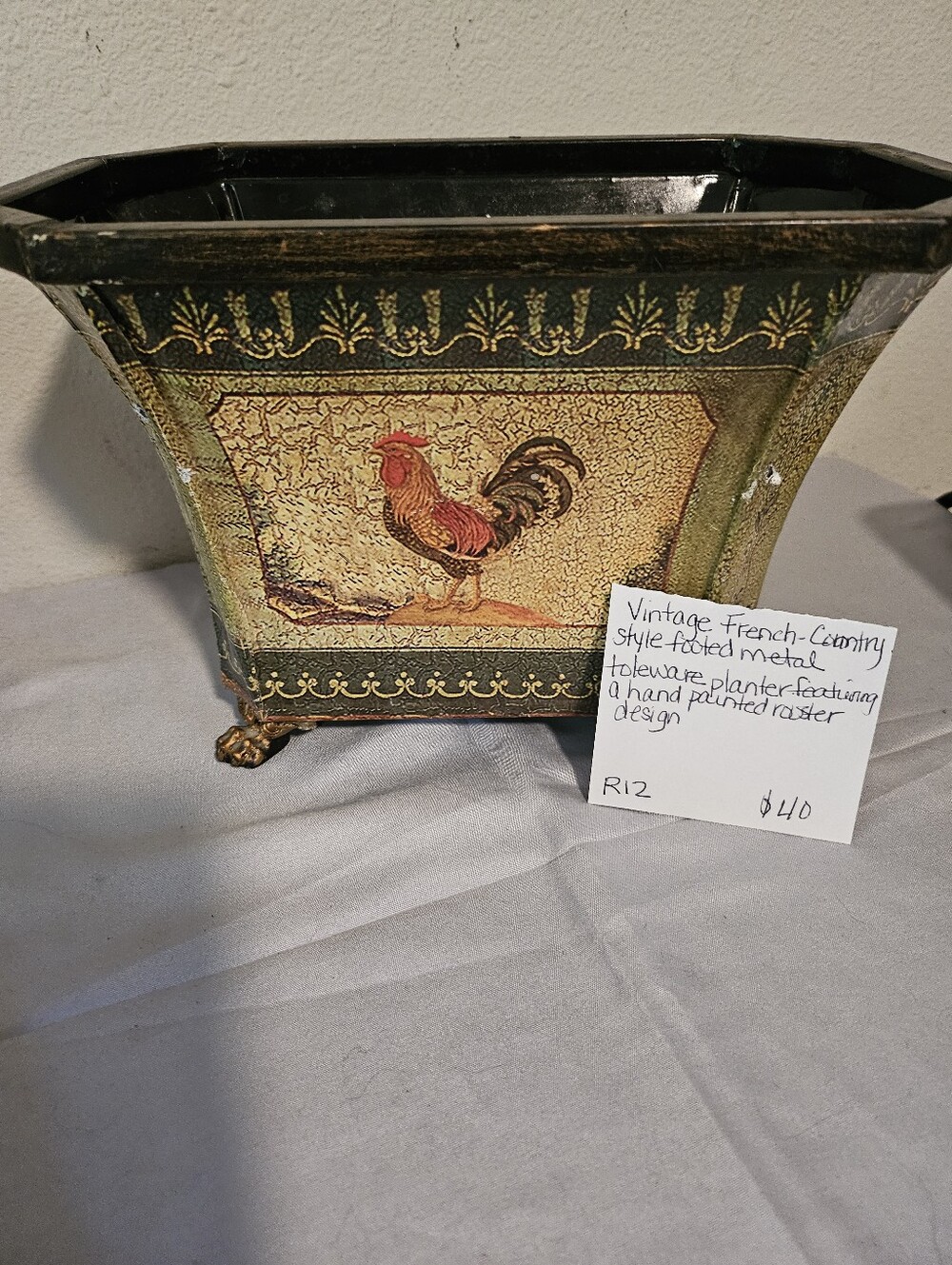 Vintage Country Rooster Metal Planter - Green and Gold